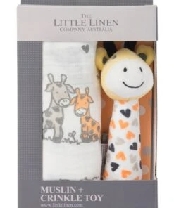 The Little Linen Company Orange Giraffe Muslin Wrap & Crinkle Toy