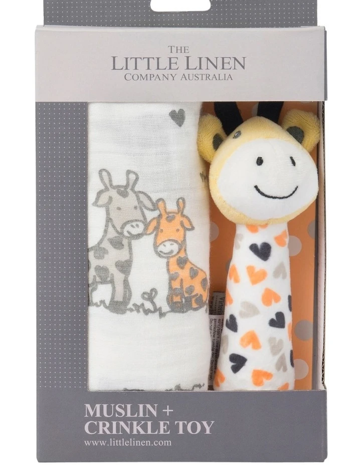The Little Linen Company Orange Giraffe Muslin Wrap & Crinkle Toy 1 The Little Linen Company Orange Giraffe Muslin Wrap & Crinkle Toy