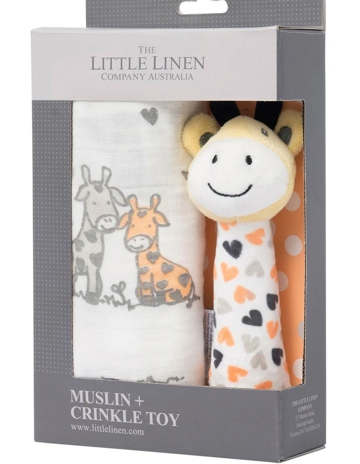 The Little Linen Company Orange Giraffe Muslin Wrap & Crinkle Toy 2 The Little Linen Company Orange Giraffe Muslin Wrap & Crinkle Toy - Image 2