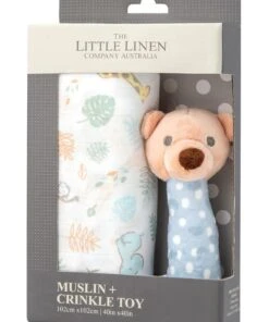 The Little Linen Company Muslin Wrap & Crinkle Toy Safari Bear