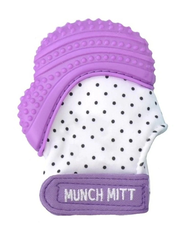 Malarkey Kids Munch Mitt Teething Mitten Purple Dots 1 Malarkey Kids Munch Mitt Teething Mitten Purple Dots