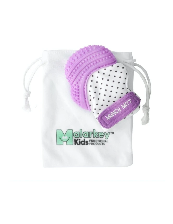 Malarkey Kids Munch Mitt Teething Mitten Purple Dots 2 Malarkey Kids Munch Mitt Teething Mitten Purple Dots - Image 2