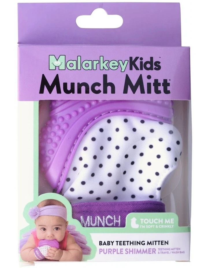 Malarkey Kids Munch Mitt Teething Mitten Purple Dots 3 Malarkey Kids Munch Mitt Teething Mitten Purple Dots - Image 3