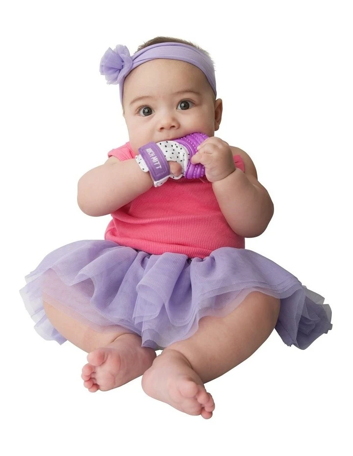 Malarkey Kids Munch Mitt Teething Mitten Purple Dots 4 Malarkey Kids Munch Mitt Teething Mitten Purple Dots - Image 4